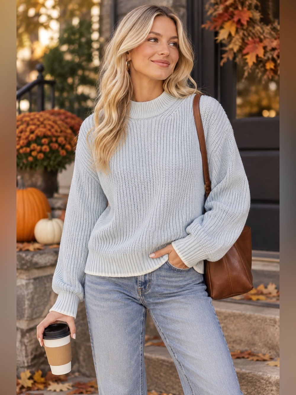 Pistola Chunky Knit Cotton Blend Sweater Light Blue Size Small